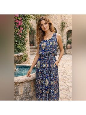 Lara Guidotti Made in Italy Mosaic Print Midi Dress Boho Resort Sleeveless S